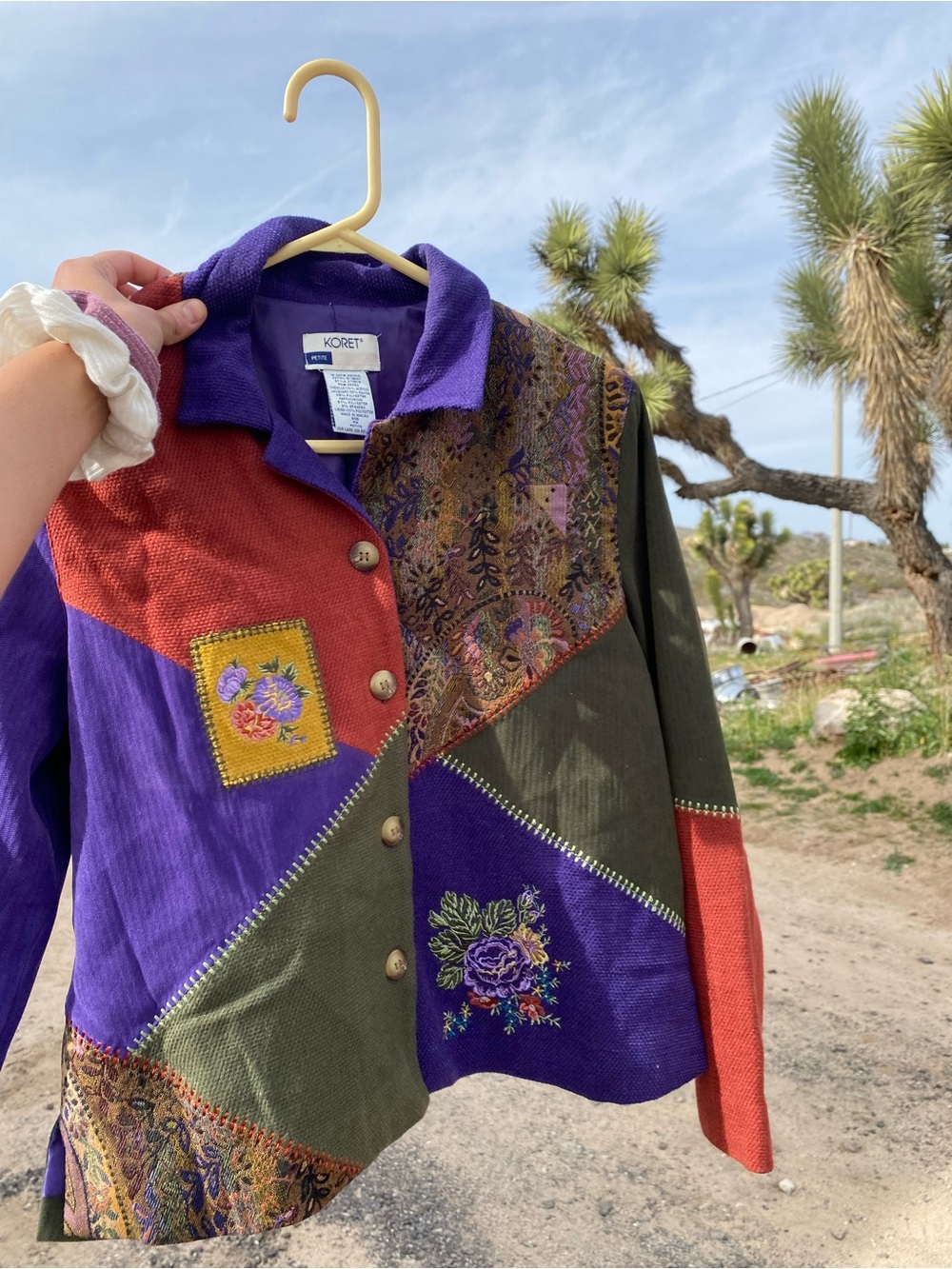 Vintage 90s Koret Patchwork Embroidered Grandma Style Jacket in Purple & Olive